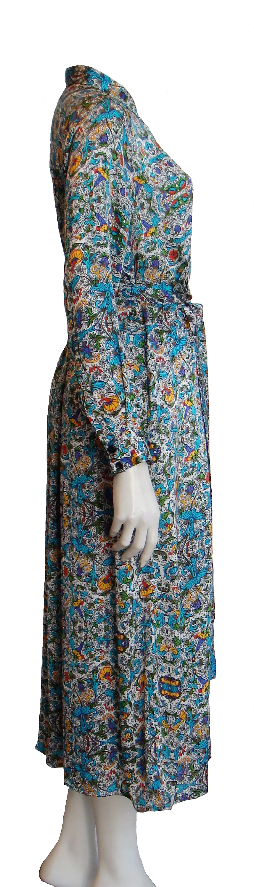 100% Italian Silk Satin Stretch/charmeuse silk Multi colour Turquoise, Green, Red, Yellow, Purple and Brown Print on an Ivory base Shirtdress/Coat UK Size 8-12 by I LOVE LOLA London