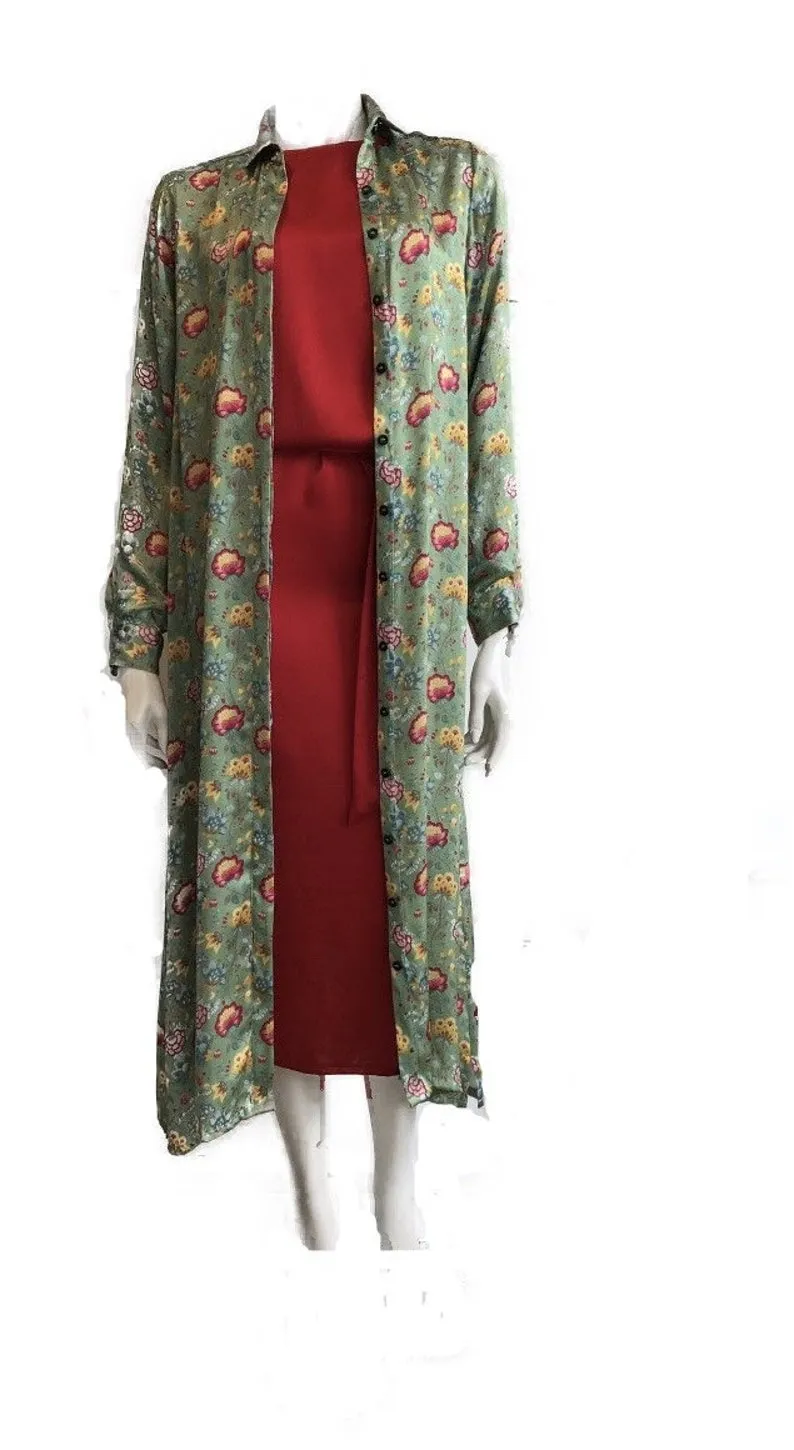 100% Italian Silk Satin Stretch/charmeuse silk Oriental Delicate Floral Print Shirtdress/Coat UK Size 8-12 by I LOVE LOLA London