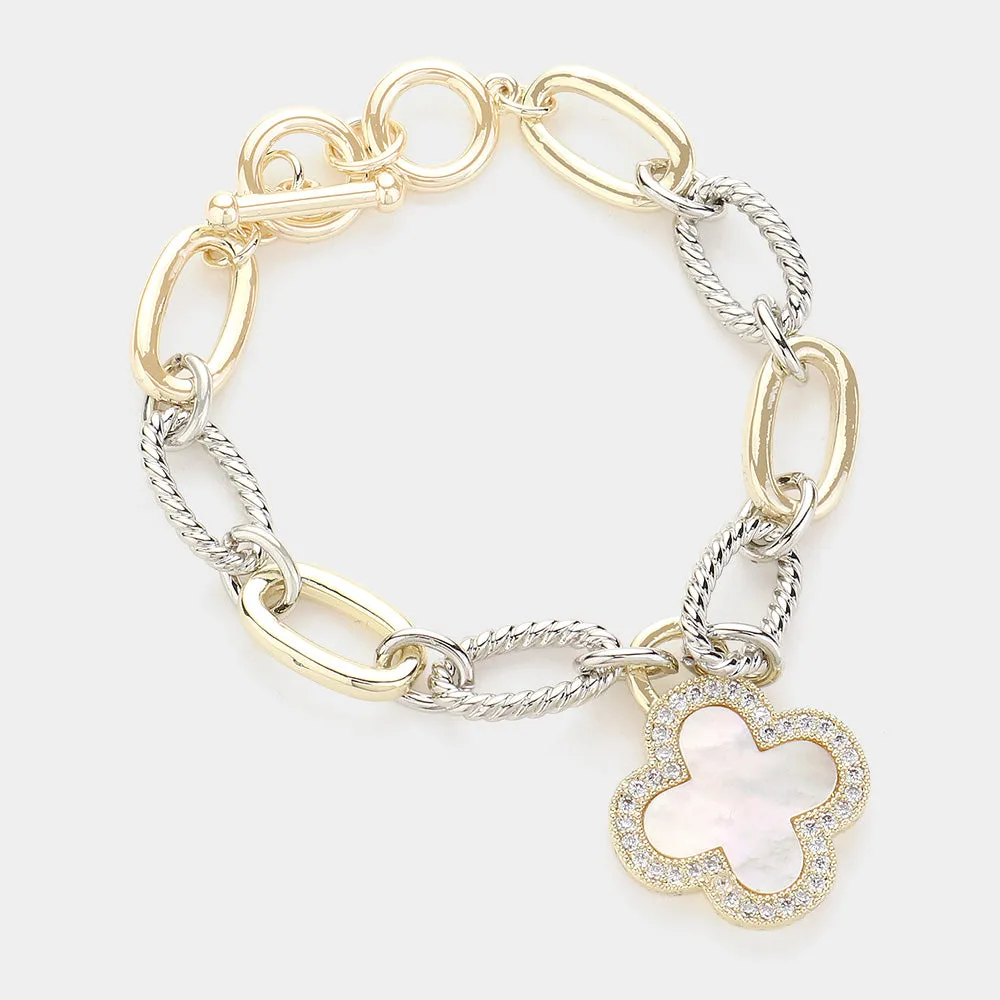 14K Gold Plated CZ Stone Embellished Mother Of Pearl Quatrefoil Charm Textured Metal Toggle Bracelet