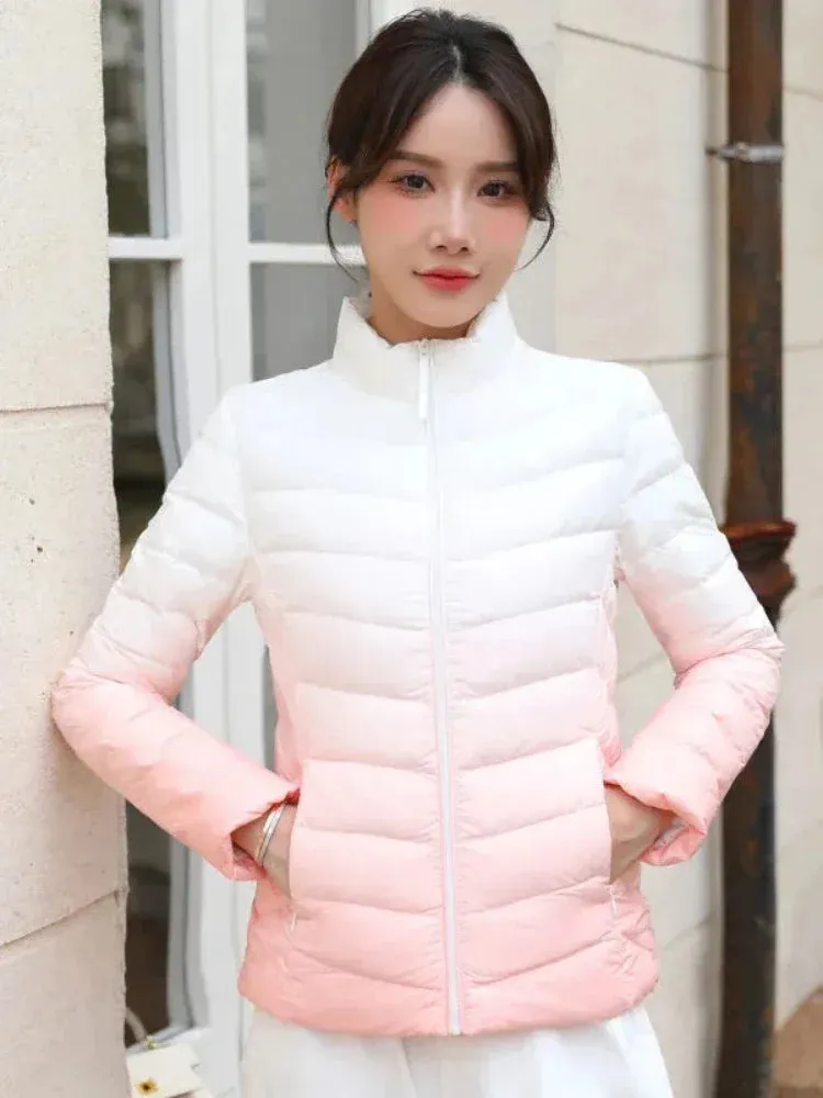 2024 New Winter Clothes Women Thin Down Jacket Women Stand Collar Slim Light Warm Short Gradient White Duck Down Warm Down Coat