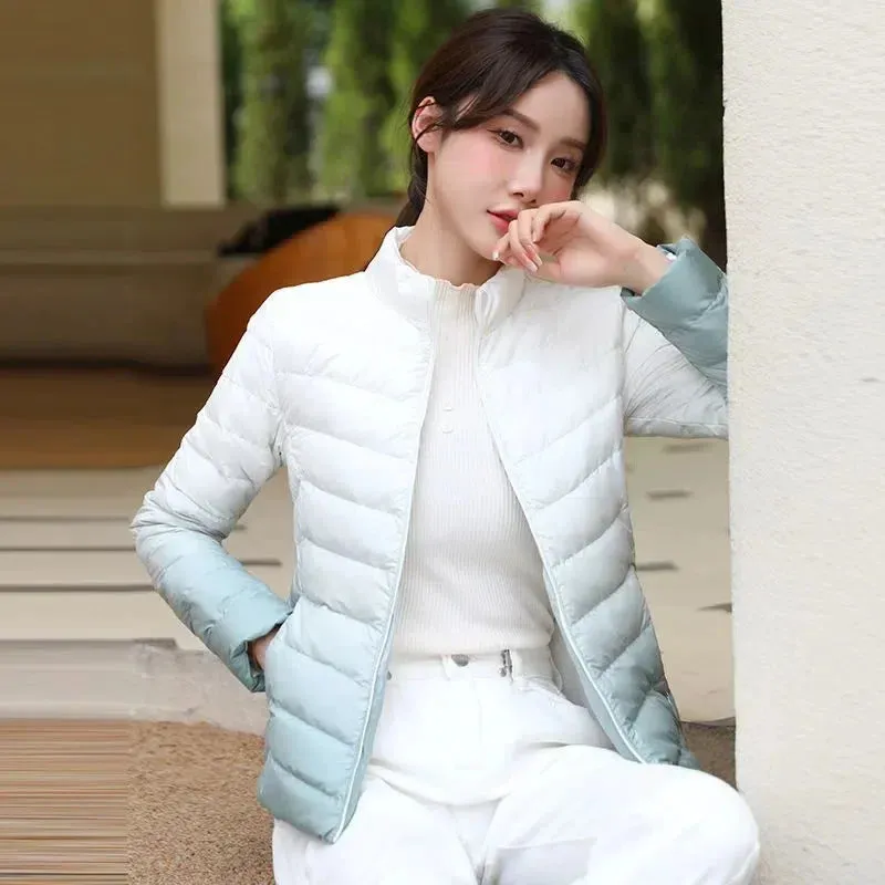 2024 New Winter Clothes Women Thin Down Jacket Women Stand Collar Slim Light Warm Short Gradient White Duck Down Warm Down Coat