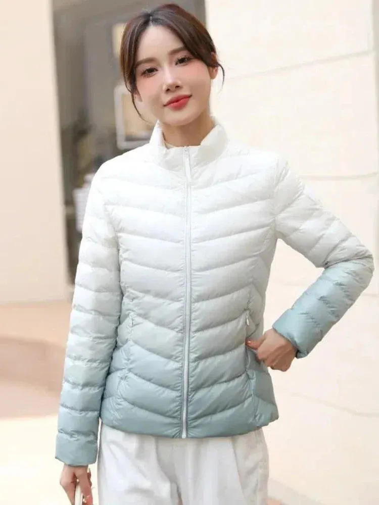 2024 New Winter Clothes Women Thin Down Jacket Women Stand Collar Slim Light Warm Short Gradient White Duck Down Warm Down Coat