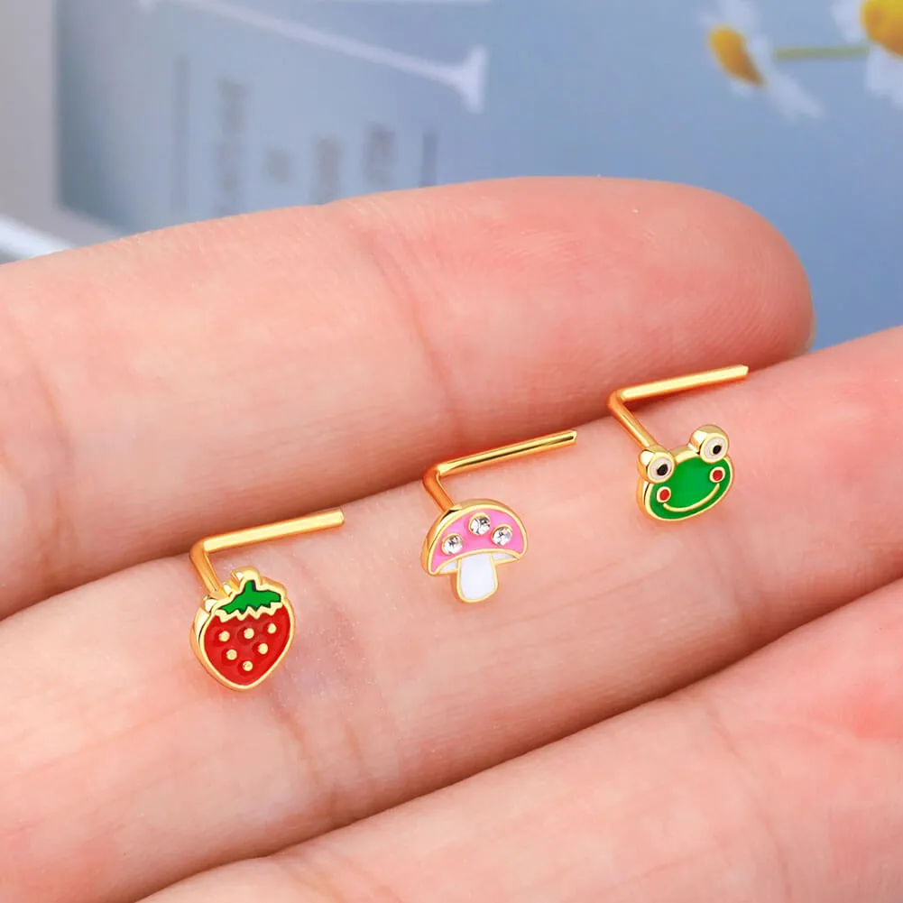 20G L-Shaped Strawberry/Frog/Mushroom Nose Ring