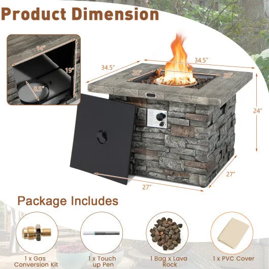 34.5 Inch Square Propane Gas Fire Pit Table with Lava Rock and PVC Cover-Gray