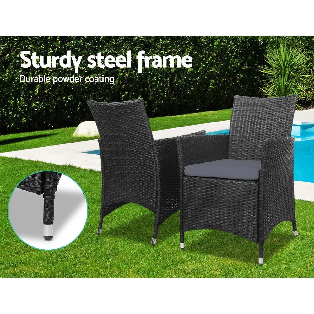 3PC Outdoor Bistro Set Patio Furniture Wicker Chairs Table Cushion All Black