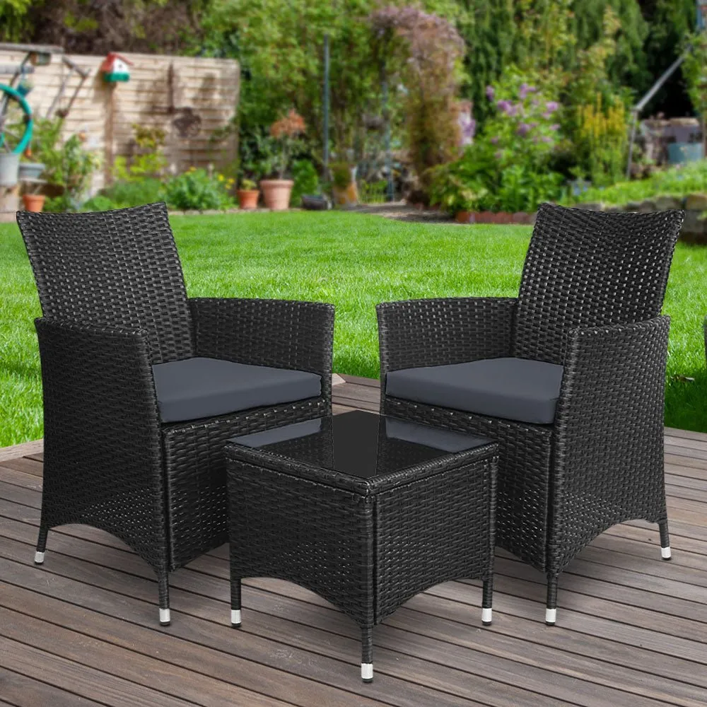 3PC Outdoor Bistro Set Patio Furniture Wicker Chairs Table Cushion All Black