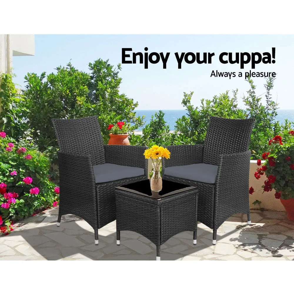 3PC Outdoor Bistro Set Patio Furniture Wicker Chairs Table Cushion All Black