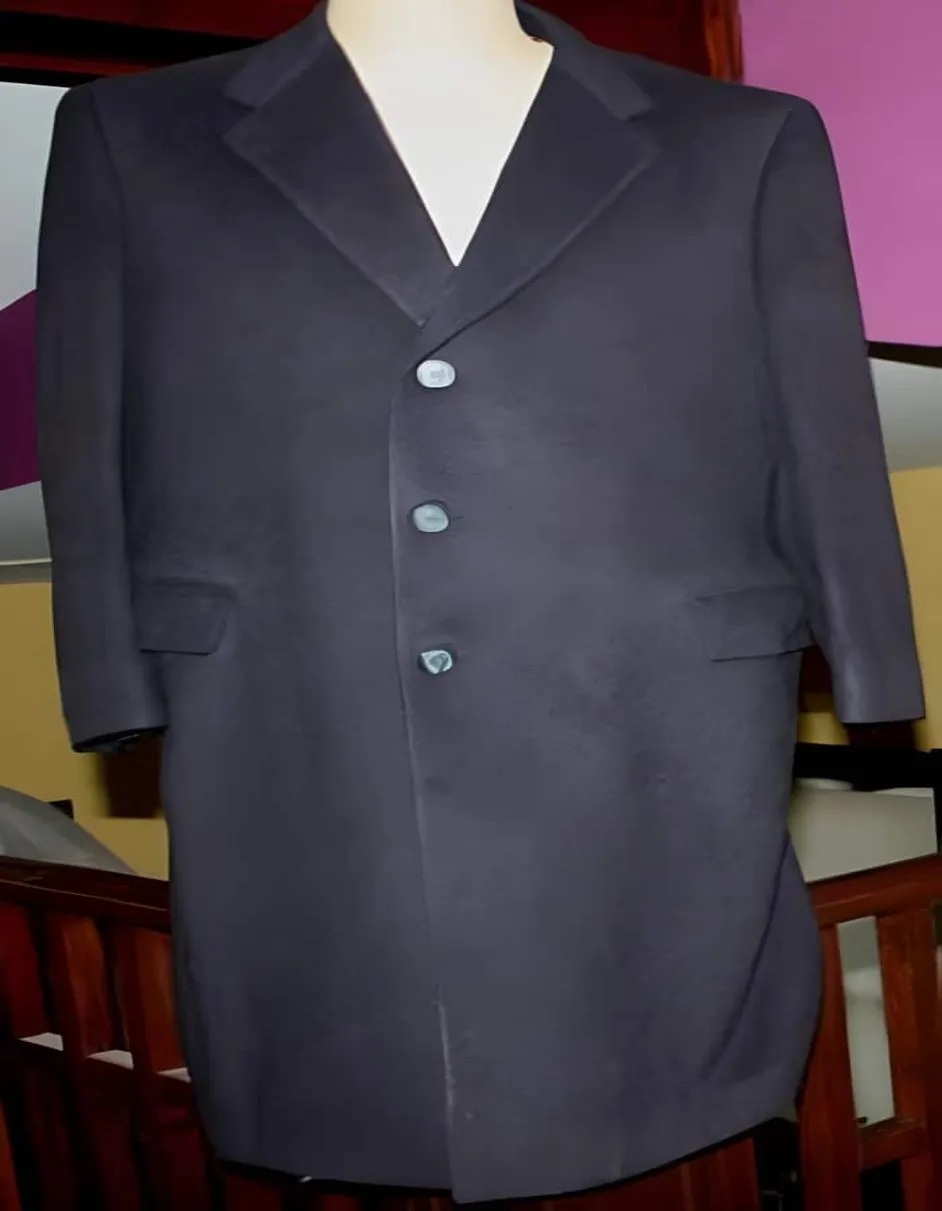 45 Inch navy blue colored classic model features button front Wool fabric Three buttons style men's Overcoat