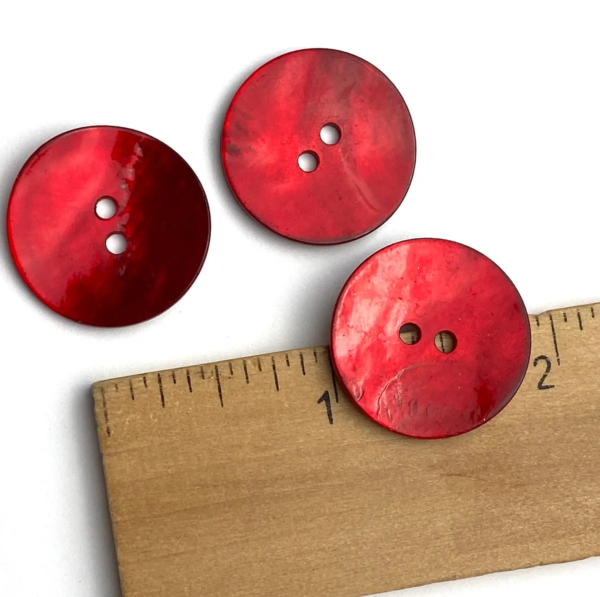 7/8" Deep Red Pearl Shell 2-hole Button, $2.10 each   #360389-D