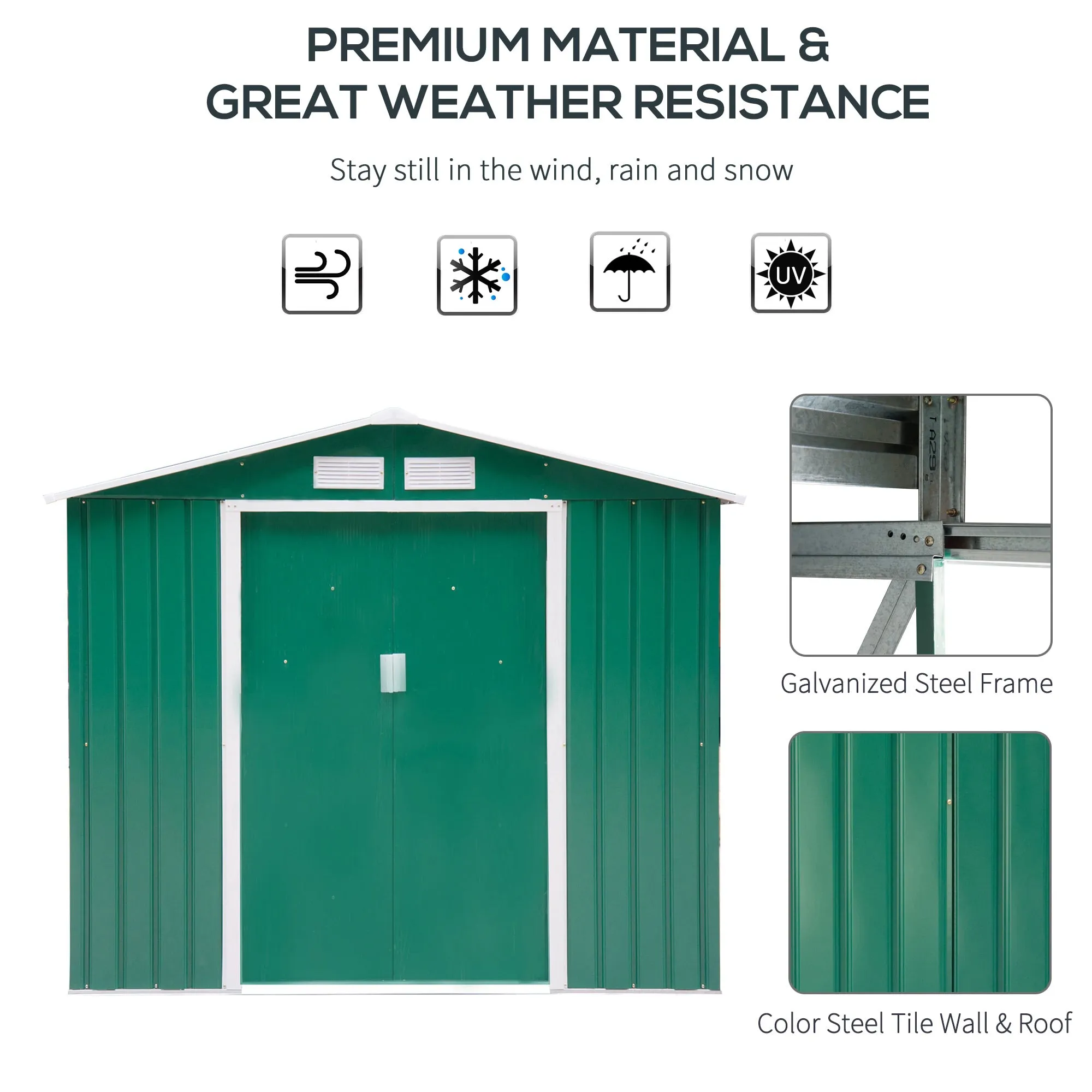 7ft x 4ft Lockable Garden Shed Large Patio Roofed Tool Metal Storage Building Foundation Sheds Box Outdoor Furniture, Green