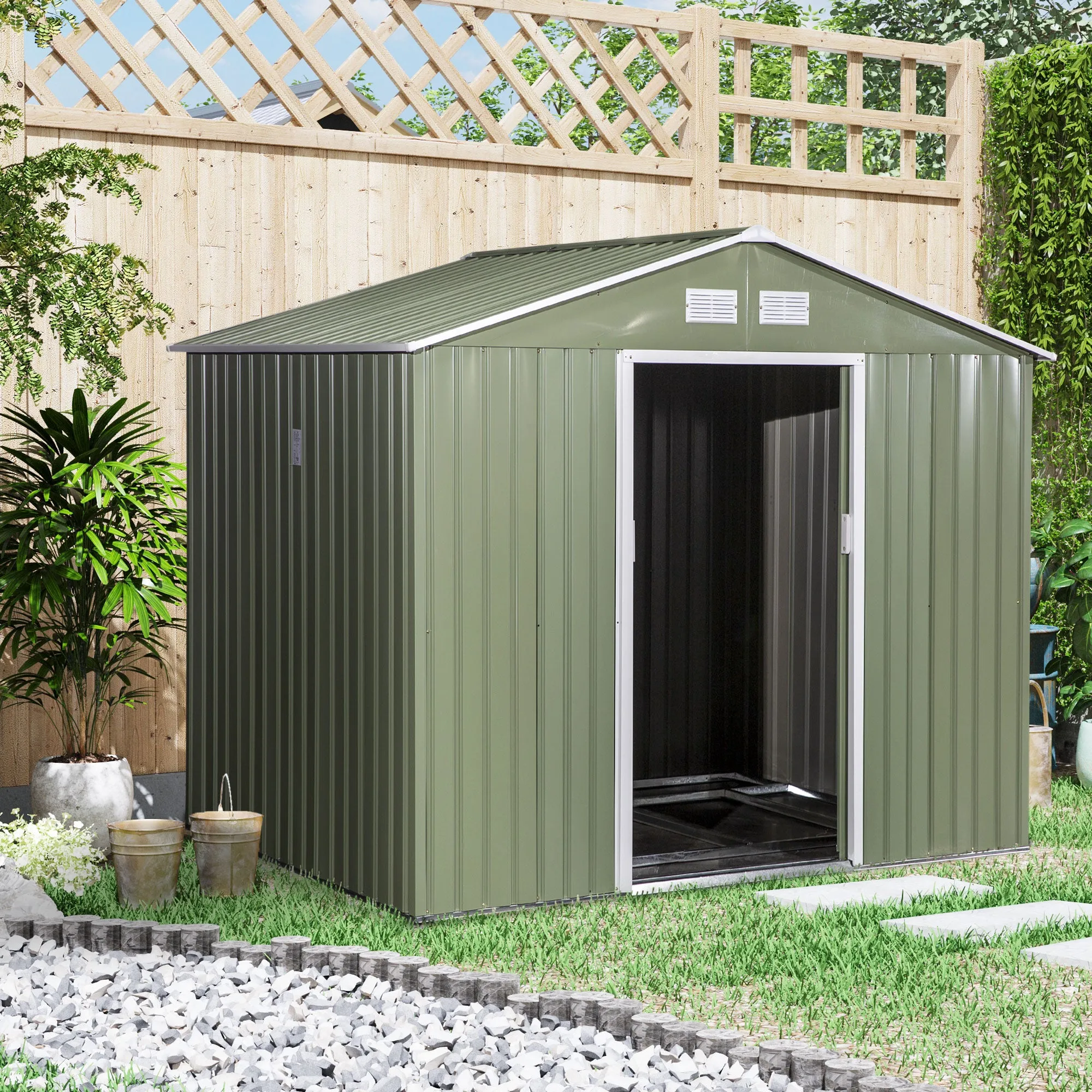 9 x 6 ft Metal Garden Storage Shed Corrugated Steel Roofed Tool Box with Foundation Ventilation and Doors, Green