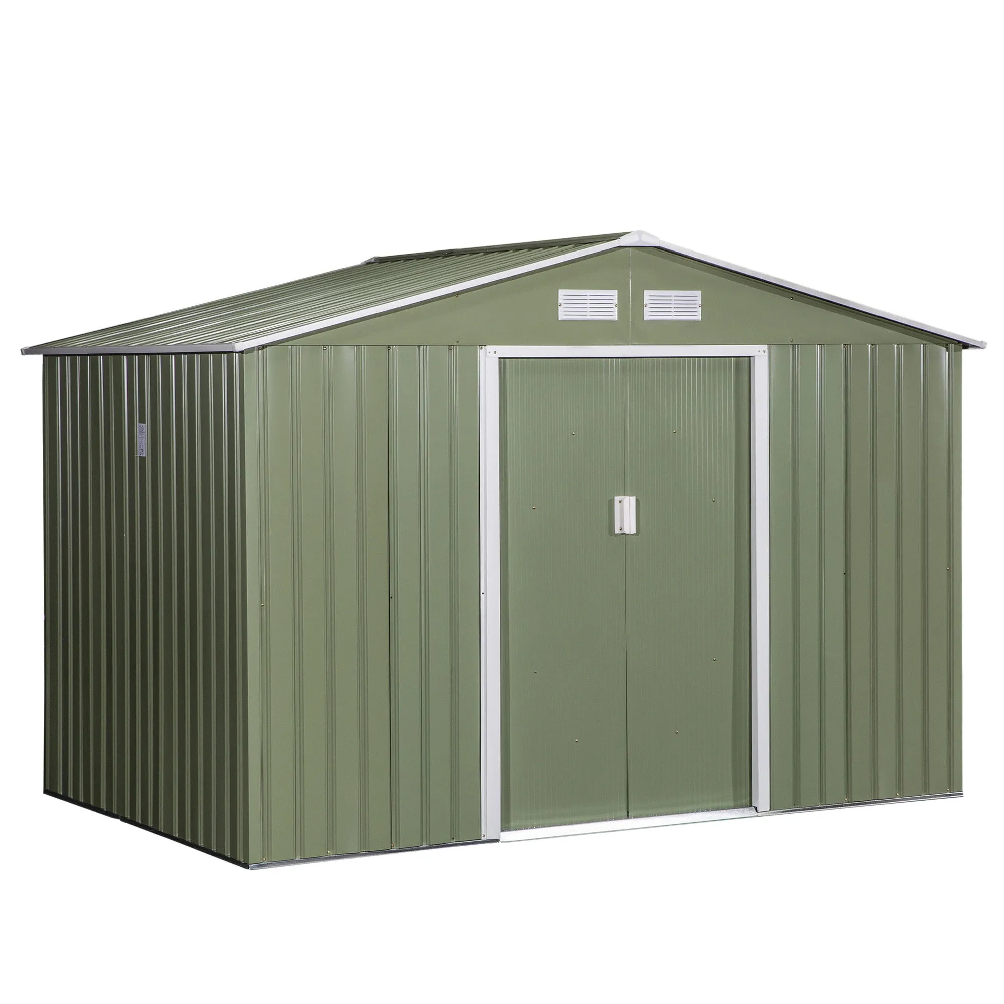 9 x 6 ft Metal Garden Storage Shed Corrugated Steel Roofed Tool Box with Foundation Ventilation and Doors, Green