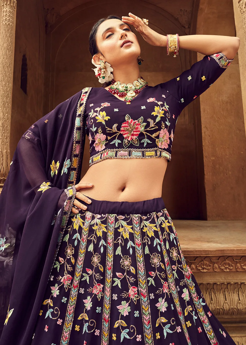 Adorning Purple Bridesmaid Georgette Wedding Lehenga Choli