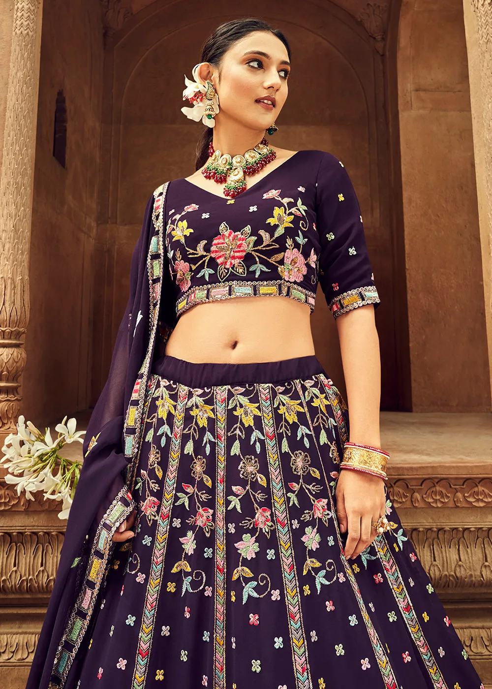 Adorning Purple Bridesmaid Georgette Wedding Lehenga Choli