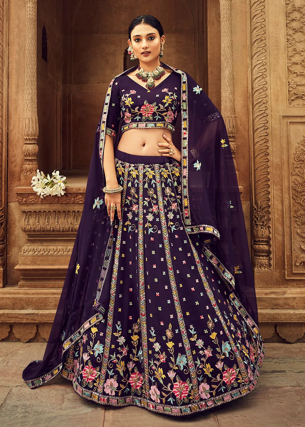 Adorning Purple Bridesmaid Georgette Wedding Lehenga Choli