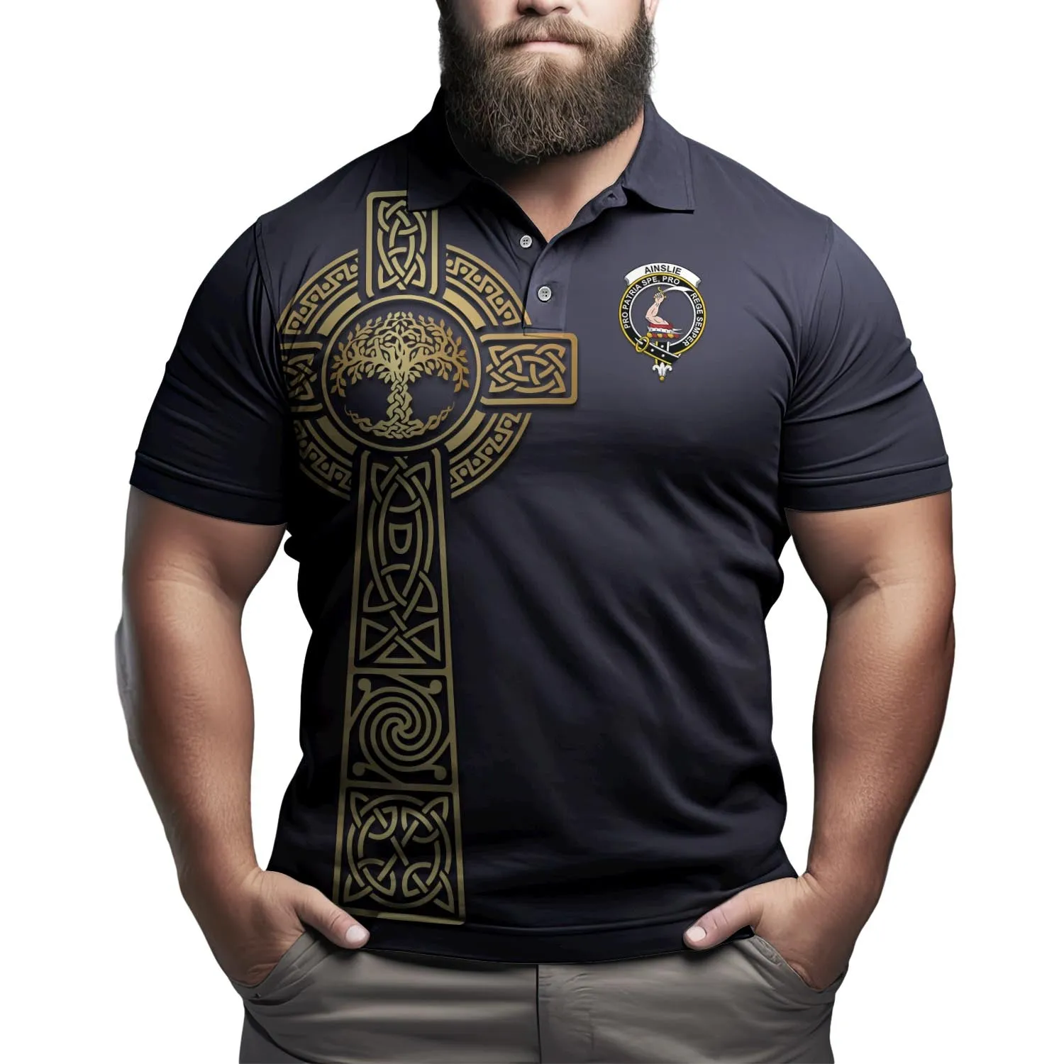 Ainslie Clan Polo Shirt with Golden Celtic Tree Of Life