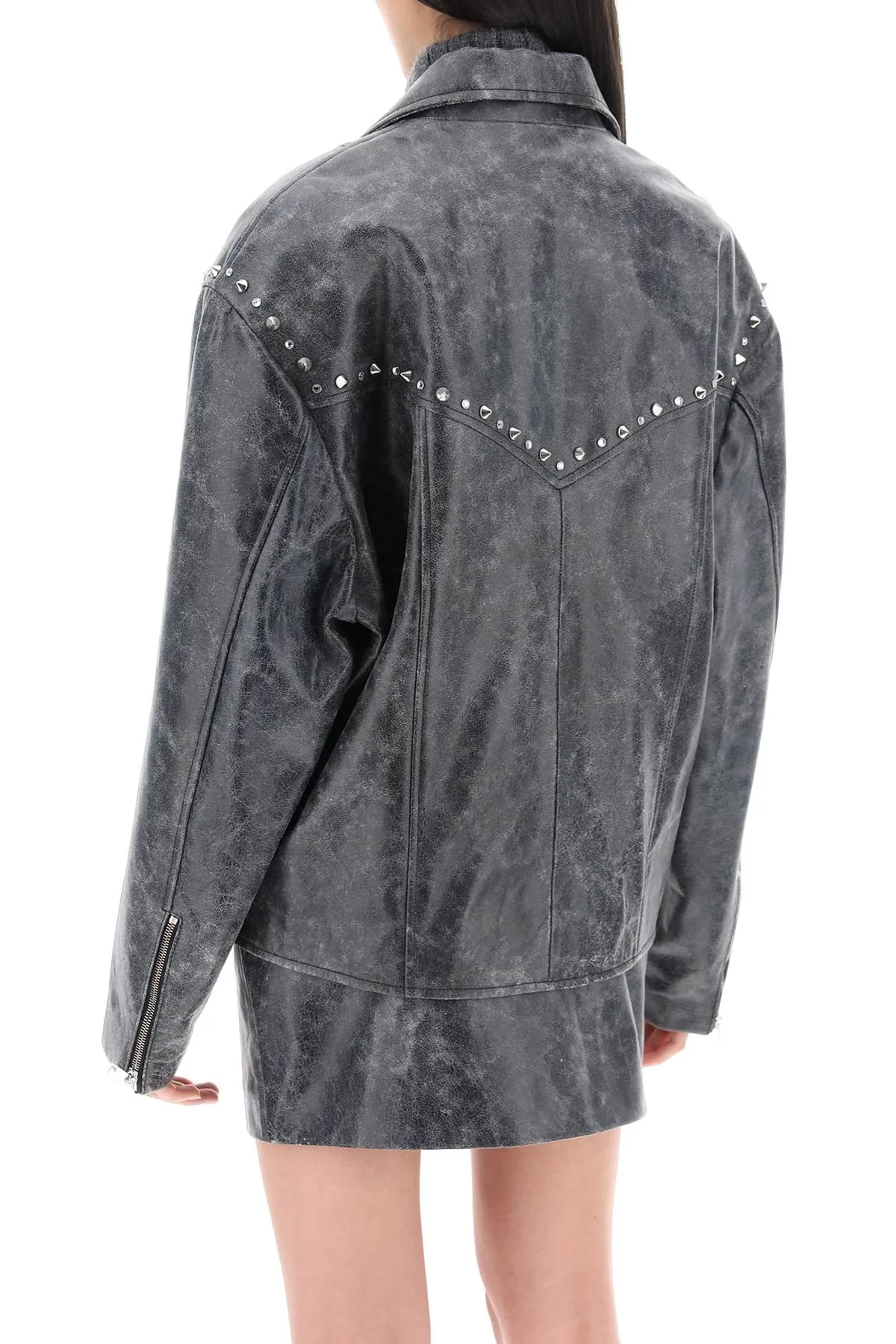 Alessandra rich oversized leather jacket with studs and crystals