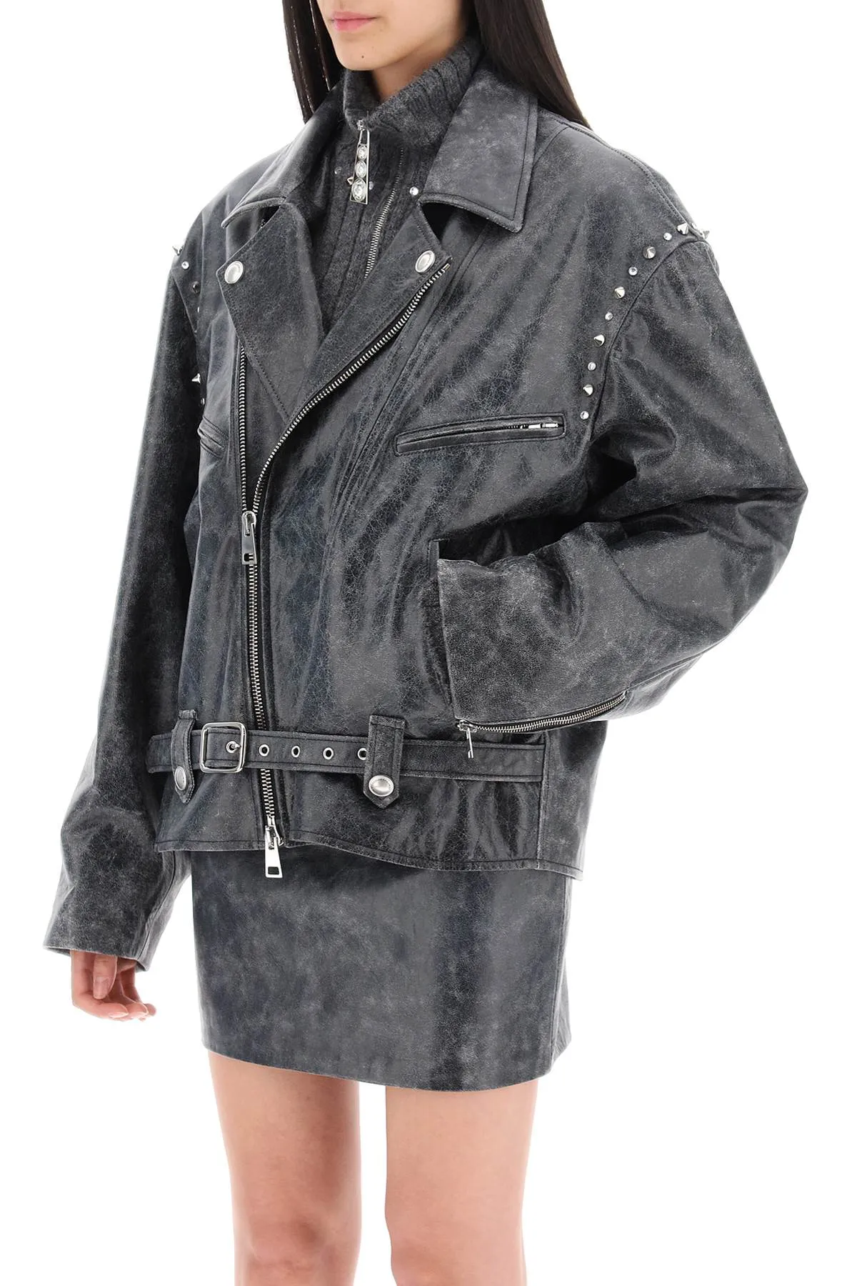 Alessandra rich oversized leather jacket with studs and crystals