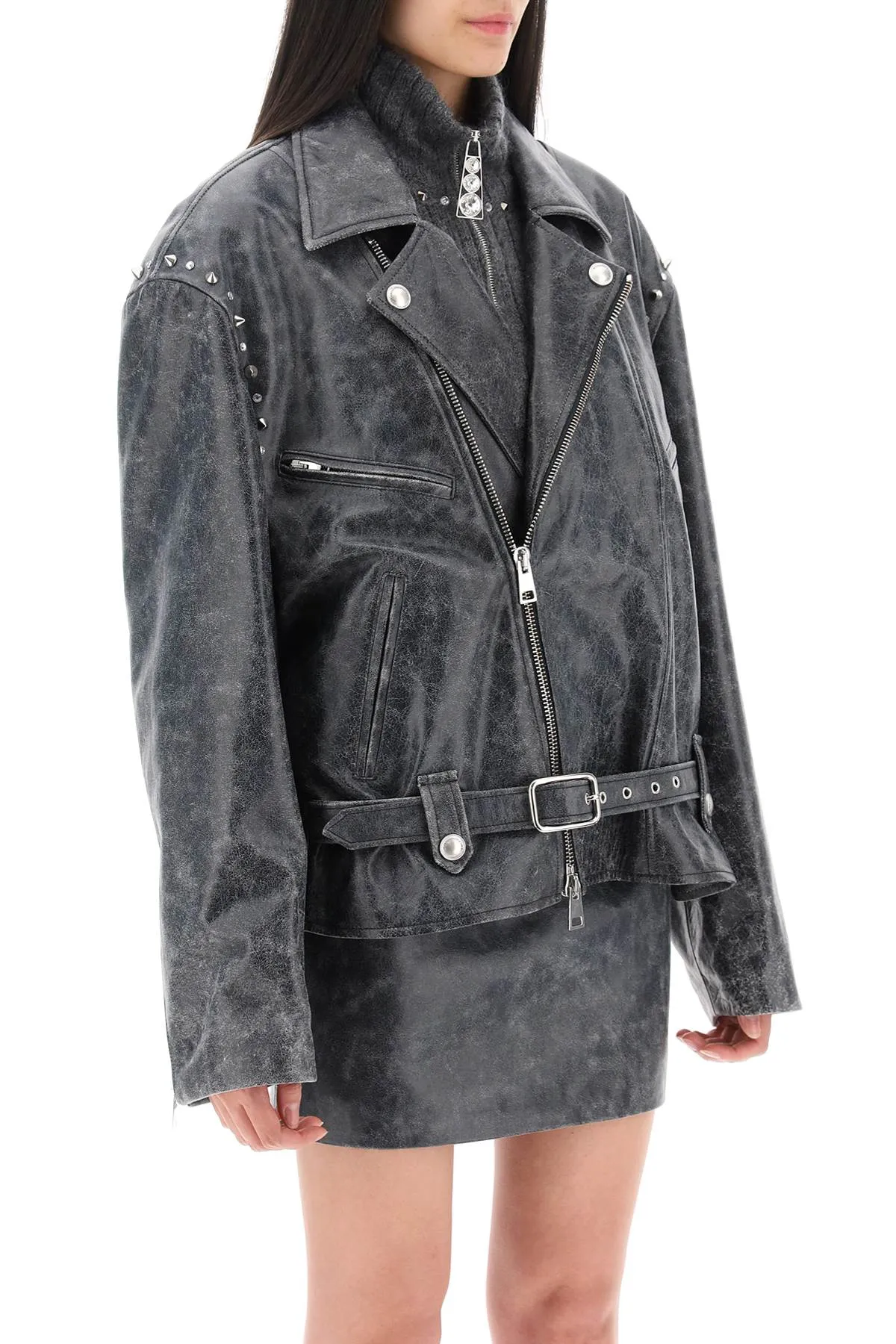 Alessandra rich oversized leather jacket with studs and crystals