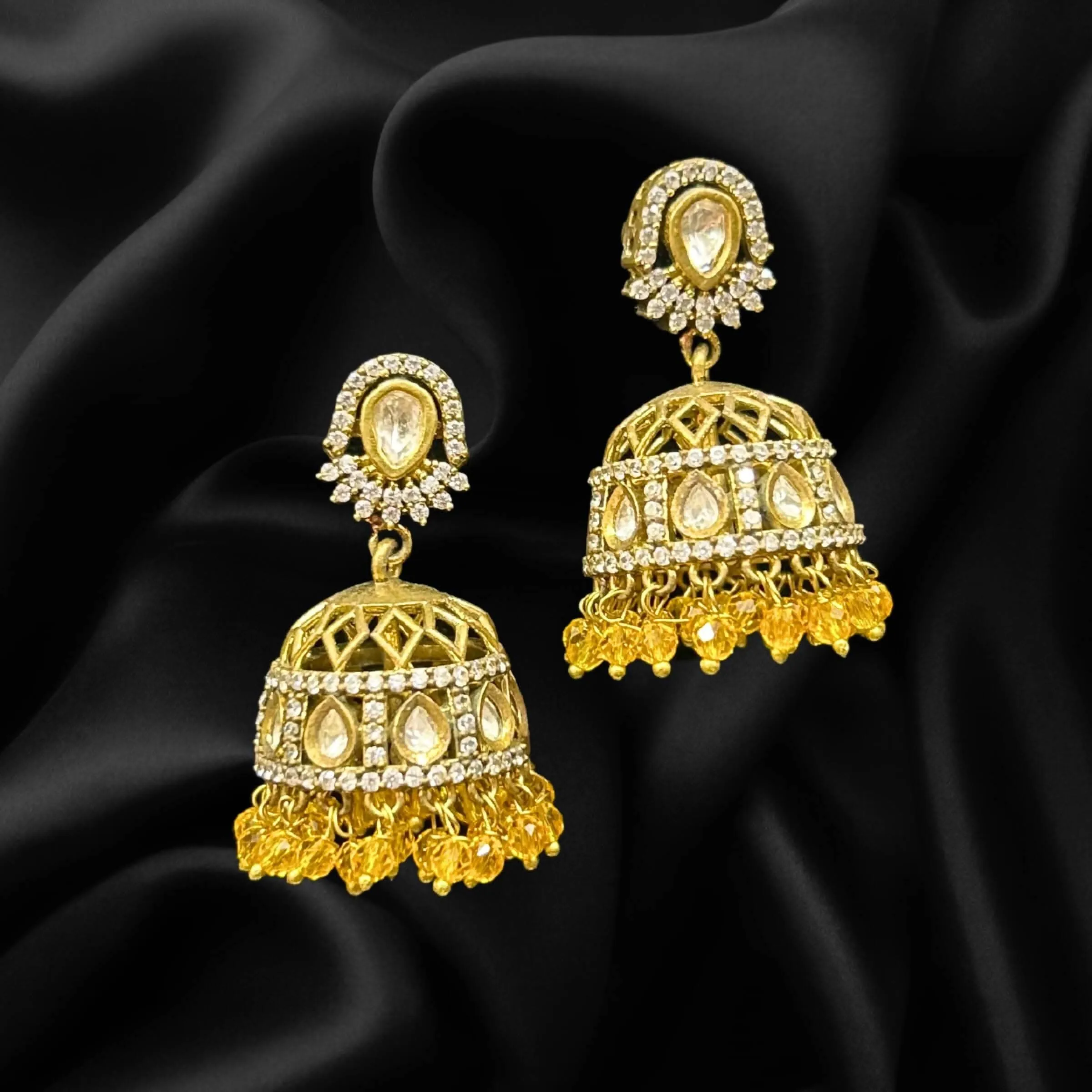 American Diamond CZ Traditional Gold Plated White Brass Jhumka Earrings for Women