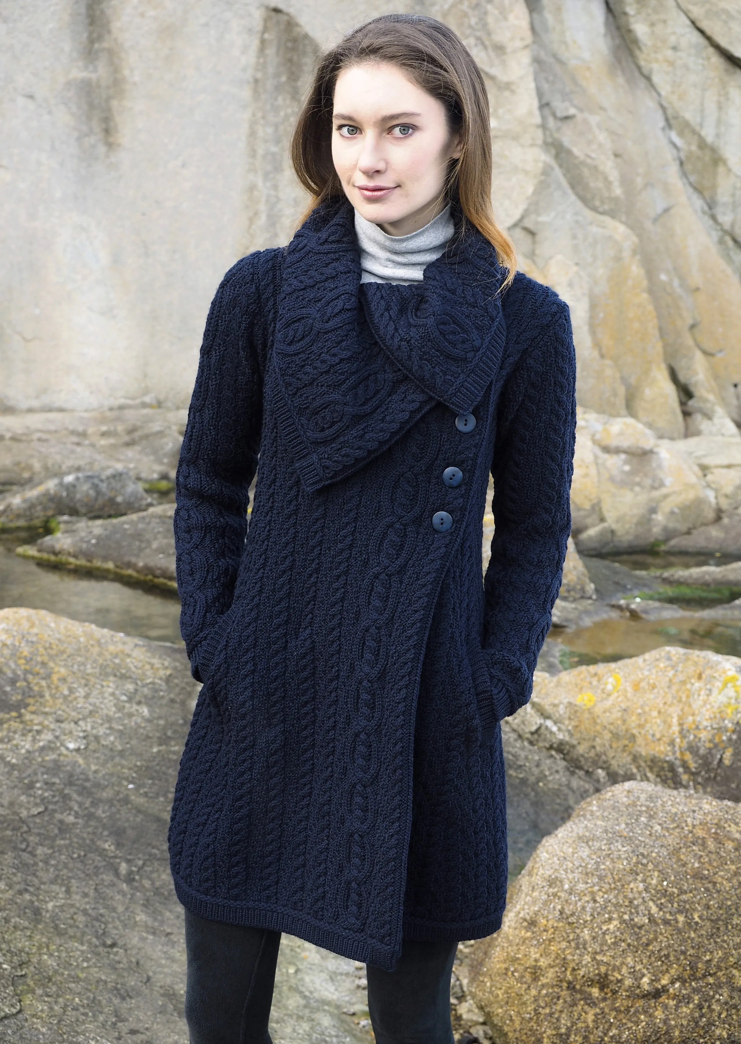 Aran Crafts Chunky Collar Coat | Navy