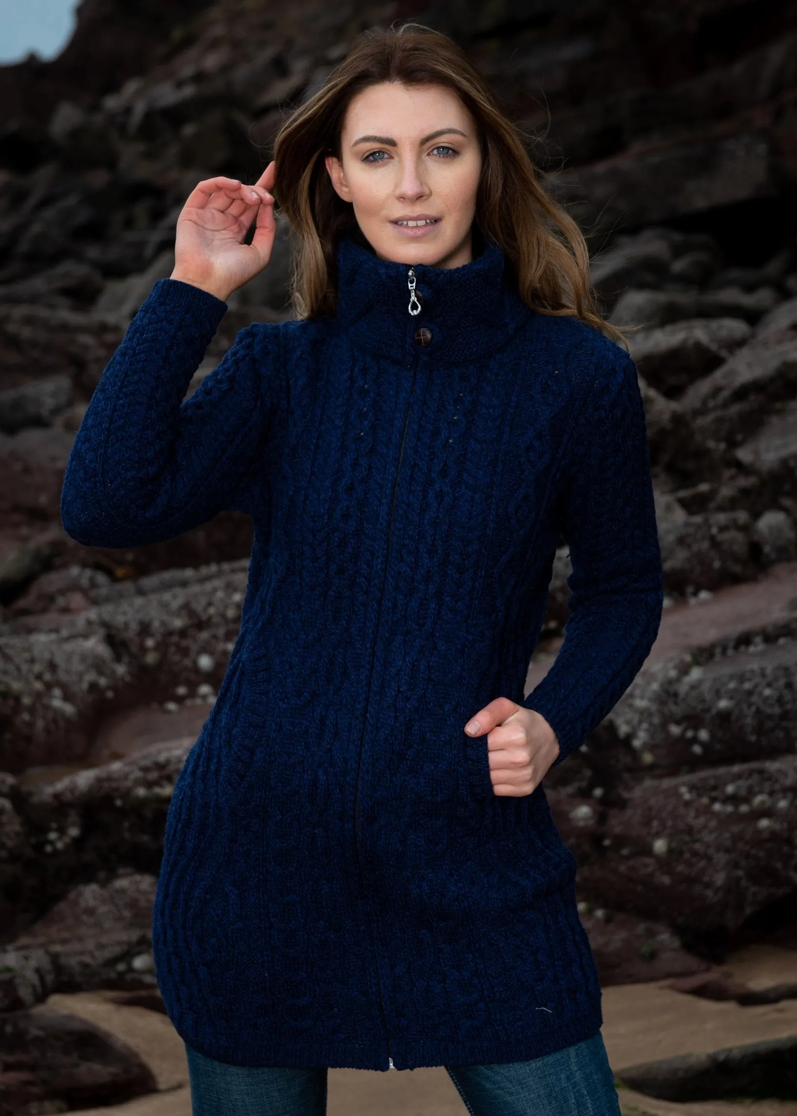 Aran Long Fitted Coat | Deep Water Blue