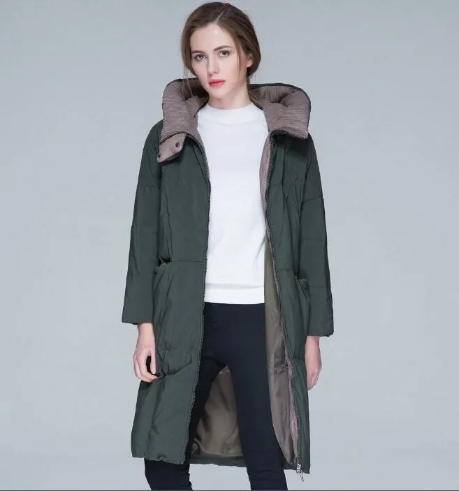 Army Green Winter Loose Duck Down Jackets Hooded Warm Women Long Down Coat