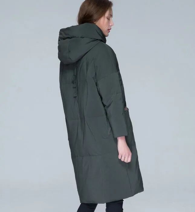 Army Green Winter Loose Duck Down Jackets Hooded Warm Women Long Down Coat