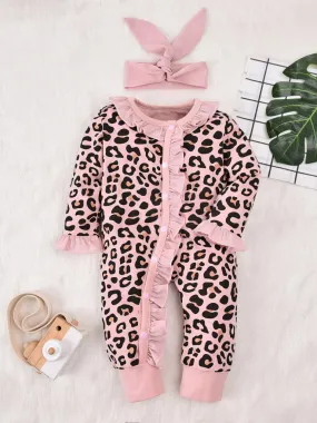 Baby Leopard Print Ruffle Long Sleeve Onesie With Headband