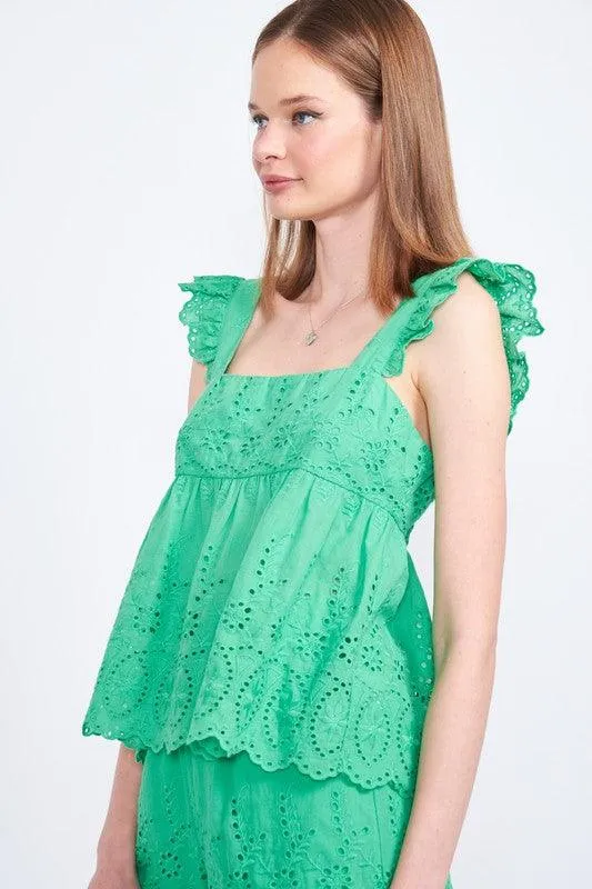 Bailee Ruffle Sleeve Hem Eyelet Top