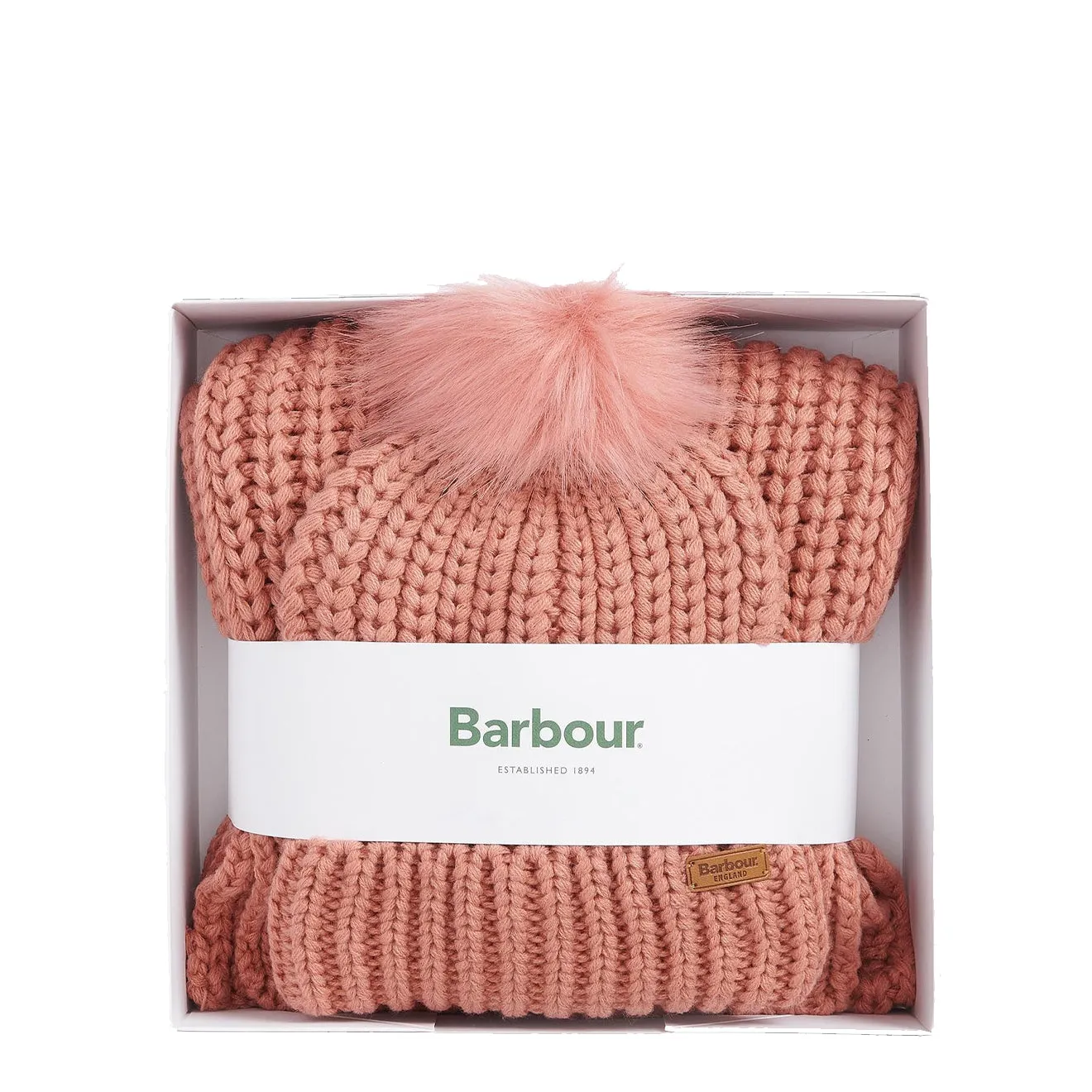 Barbour Saltburn Beanie & Scarf Gift Set Pink Rust