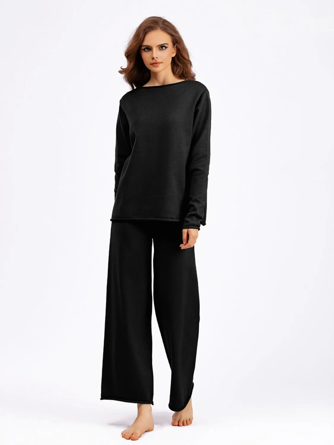 Basic Bae Rolled Round Neck Top and Pants Sweater Set