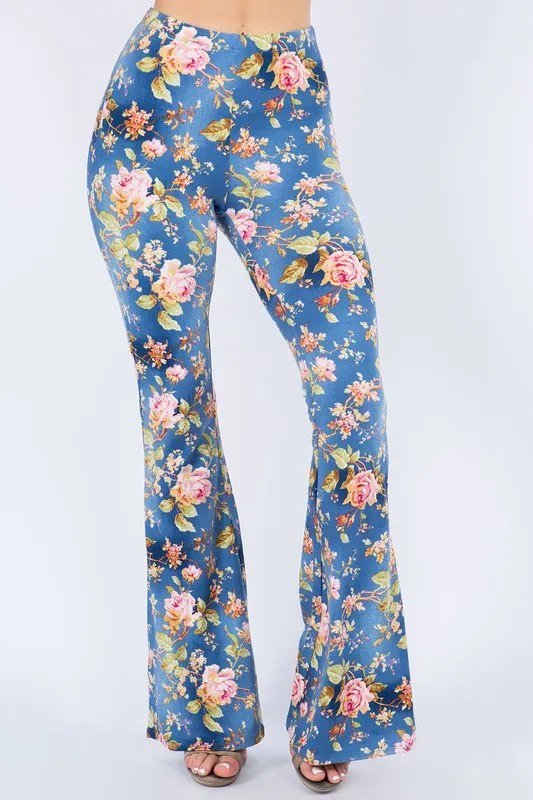 Bear Dance Roses 🌹 Print Skinny Brushed Pants - Blue Multi