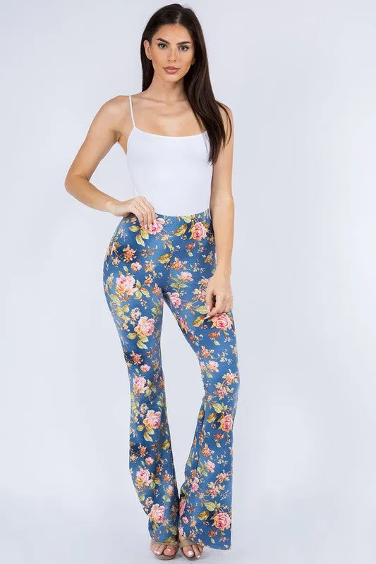 Bear Dance Roses 🌹 Print Skinny Brushed Pants - Blue Multi