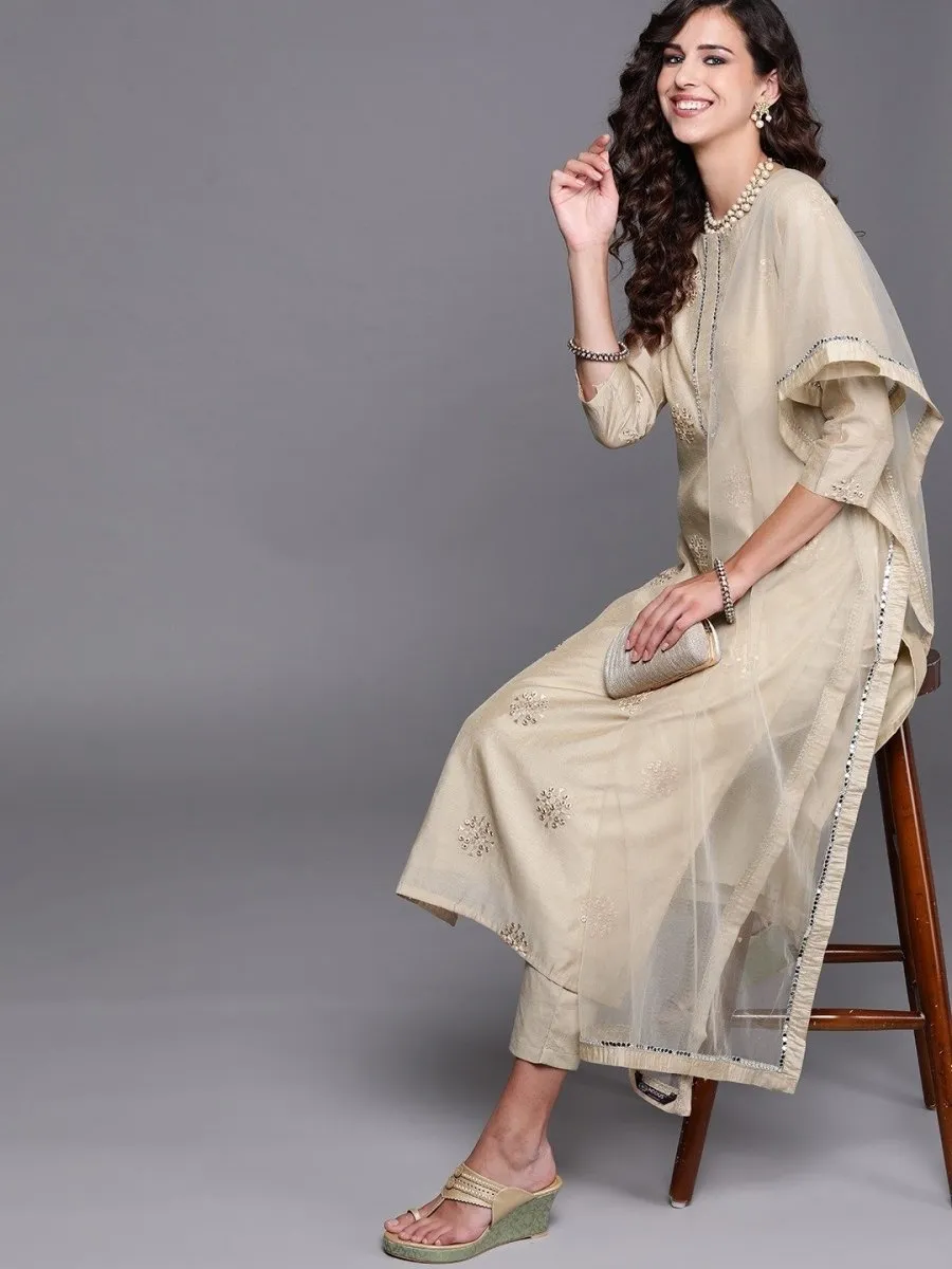 Beige Embroidered Kurta with Pants and Dupatta