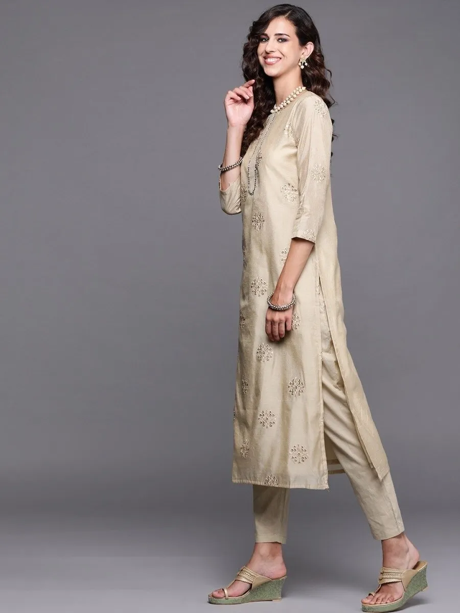 Beige Embroidered Kurta with Pants and Dupatta