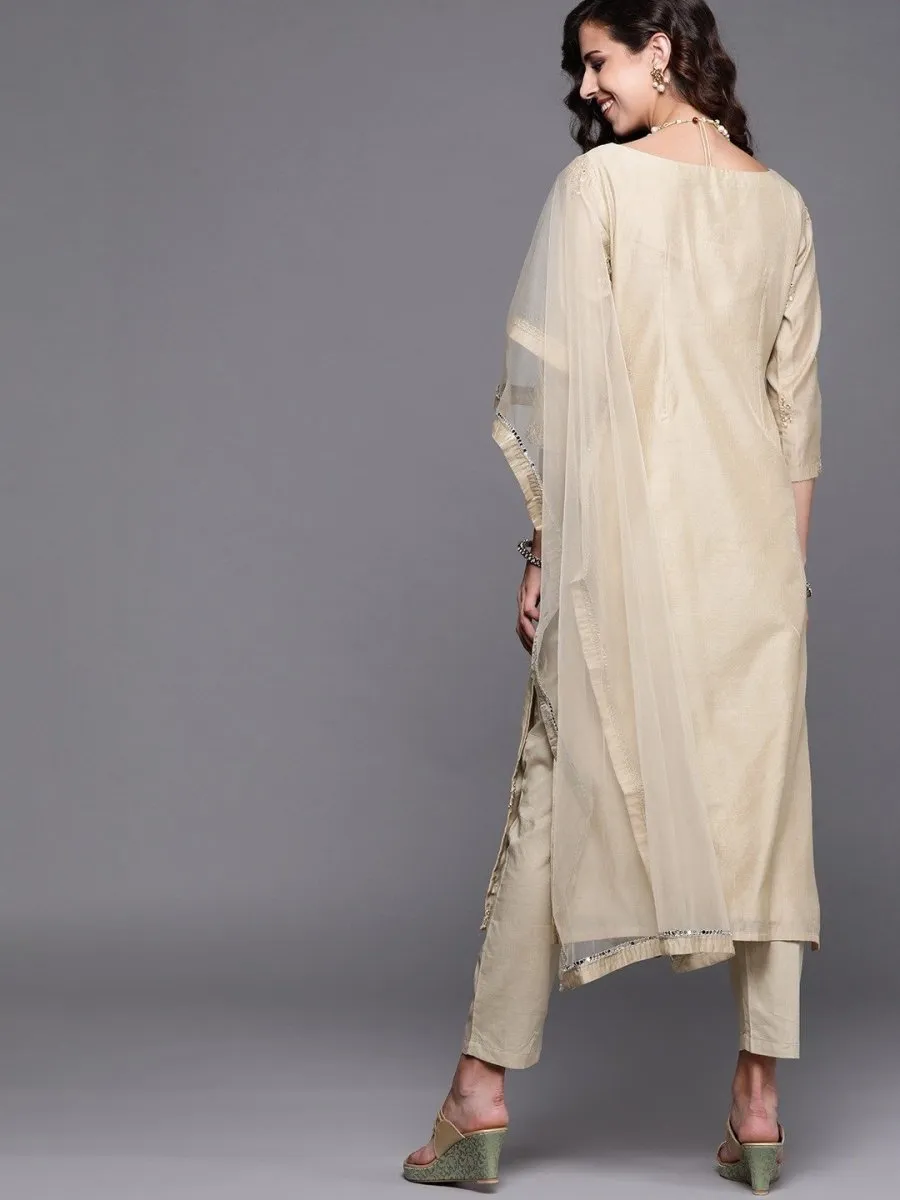 Beige Embroidered Kurta with Pants and Dupatta