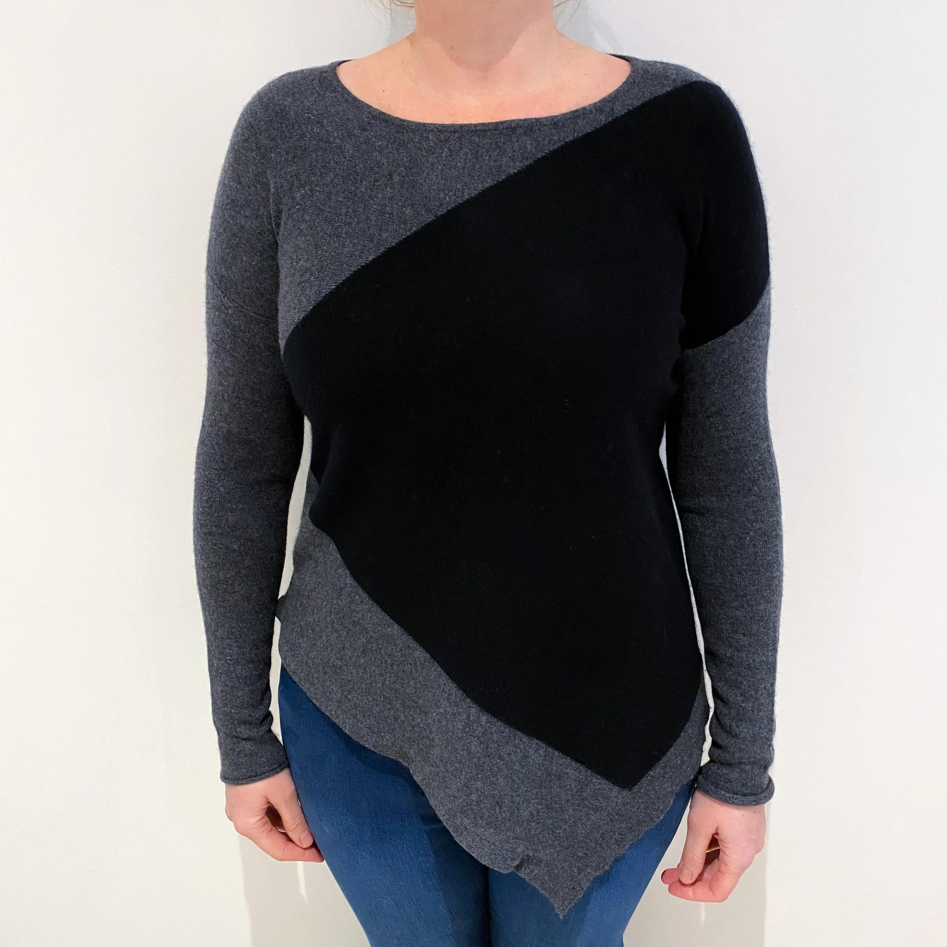 Black and Grey Asymmetric Cashmere Crew Neck Jumper Large