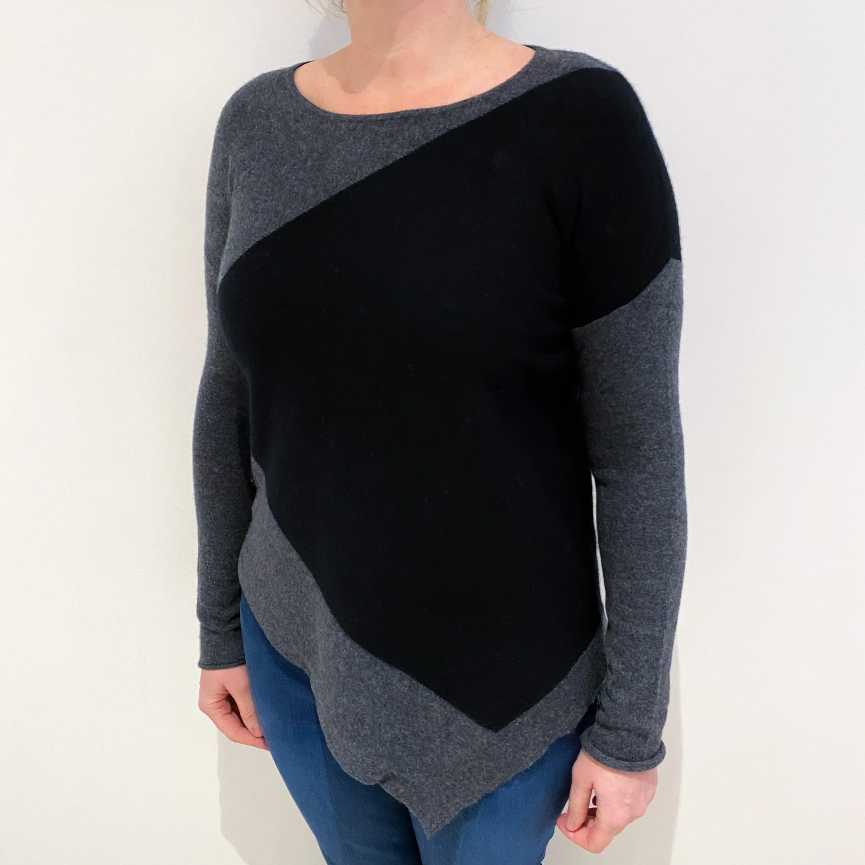 Black and Grey Asymmetric Cashmere Crew Neck Jumper Large