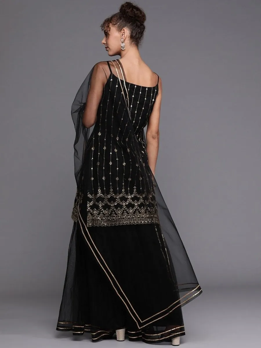 Black Gold Embroidered Kurta with Layered Sharara and Net Dupatta