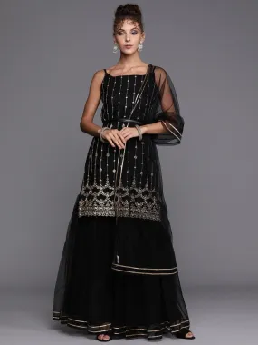 Black Gold Embroidered Kurta with Layered Sharara and Net Dupatta