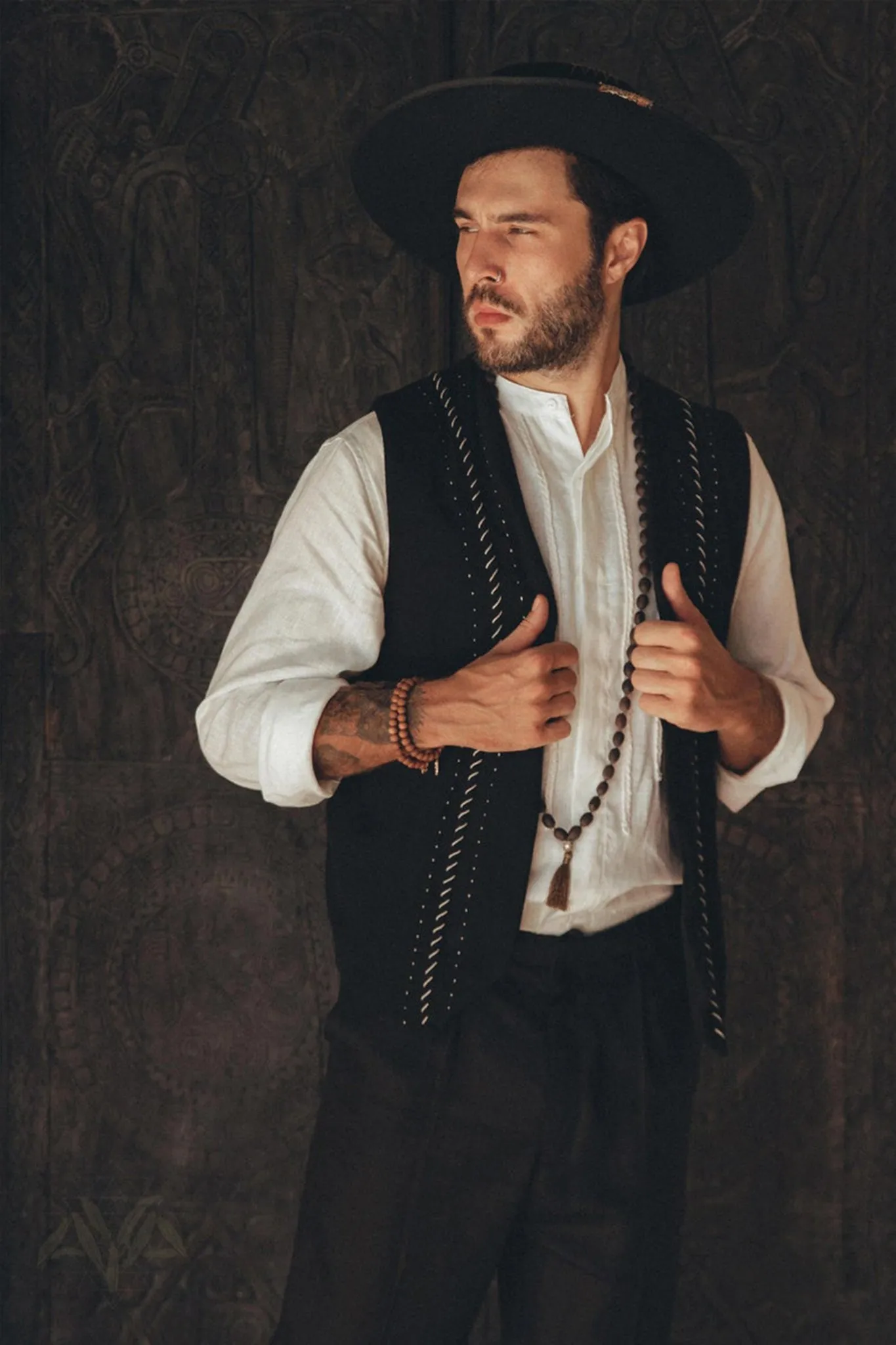 Black Hand Embroidered Vest for Men