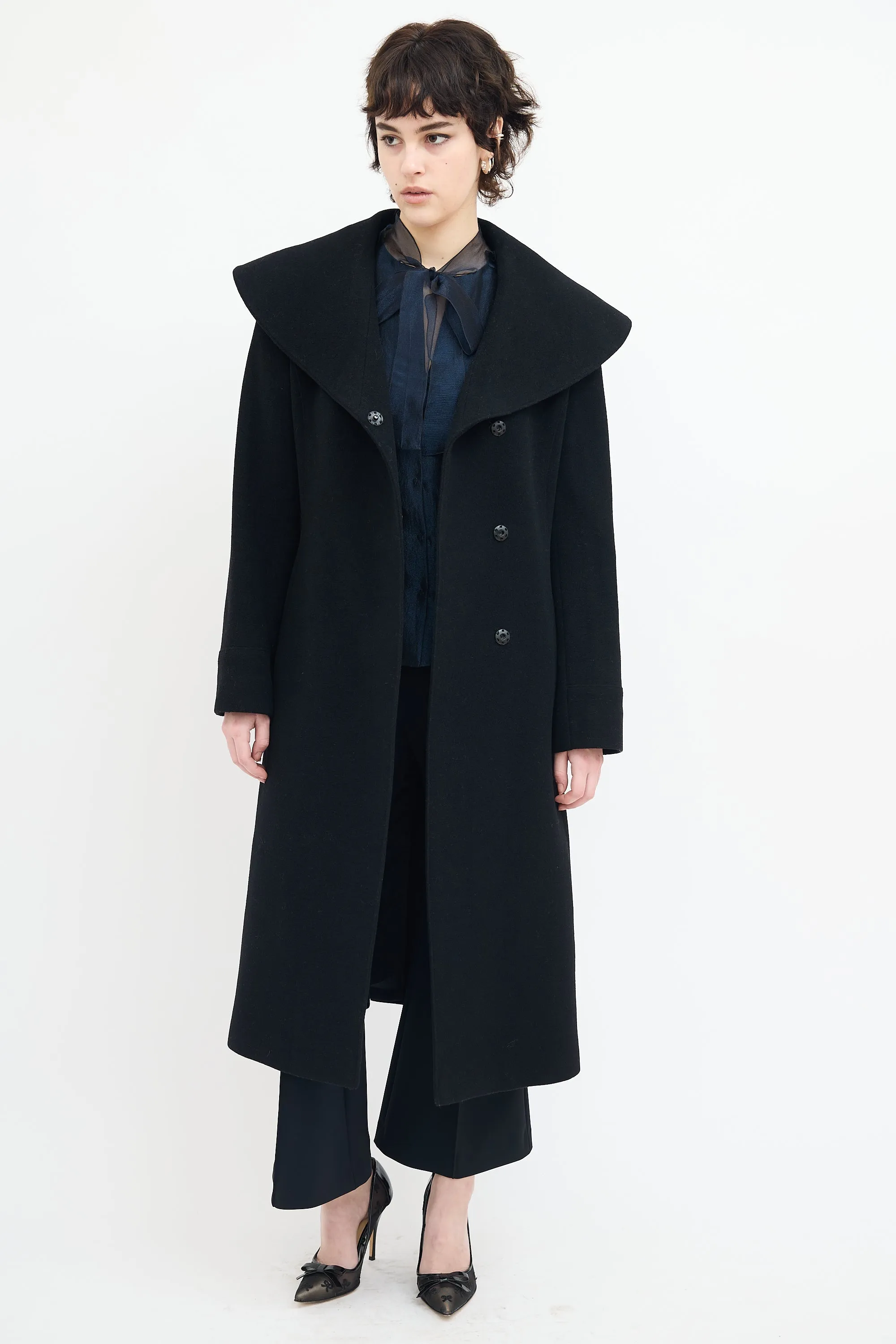 Black Wool Wide Collar Belted Coat