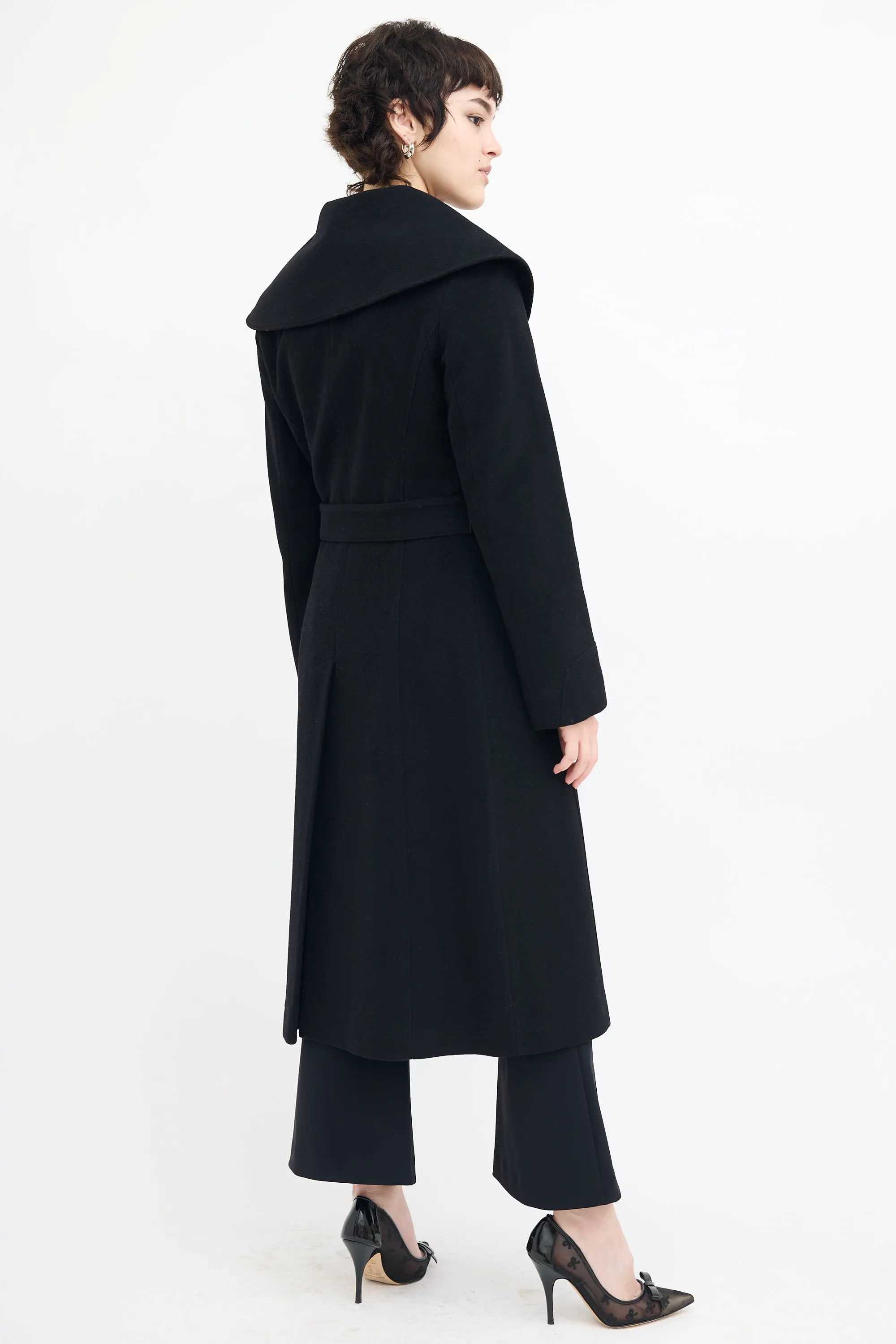 Black Wool Wide Collar Belted Coat