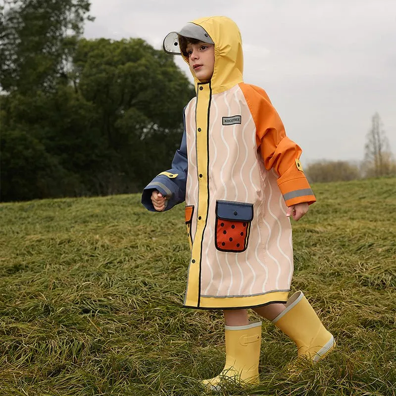 Bold Geometric Print Cream & Orange Raincoat for Kids