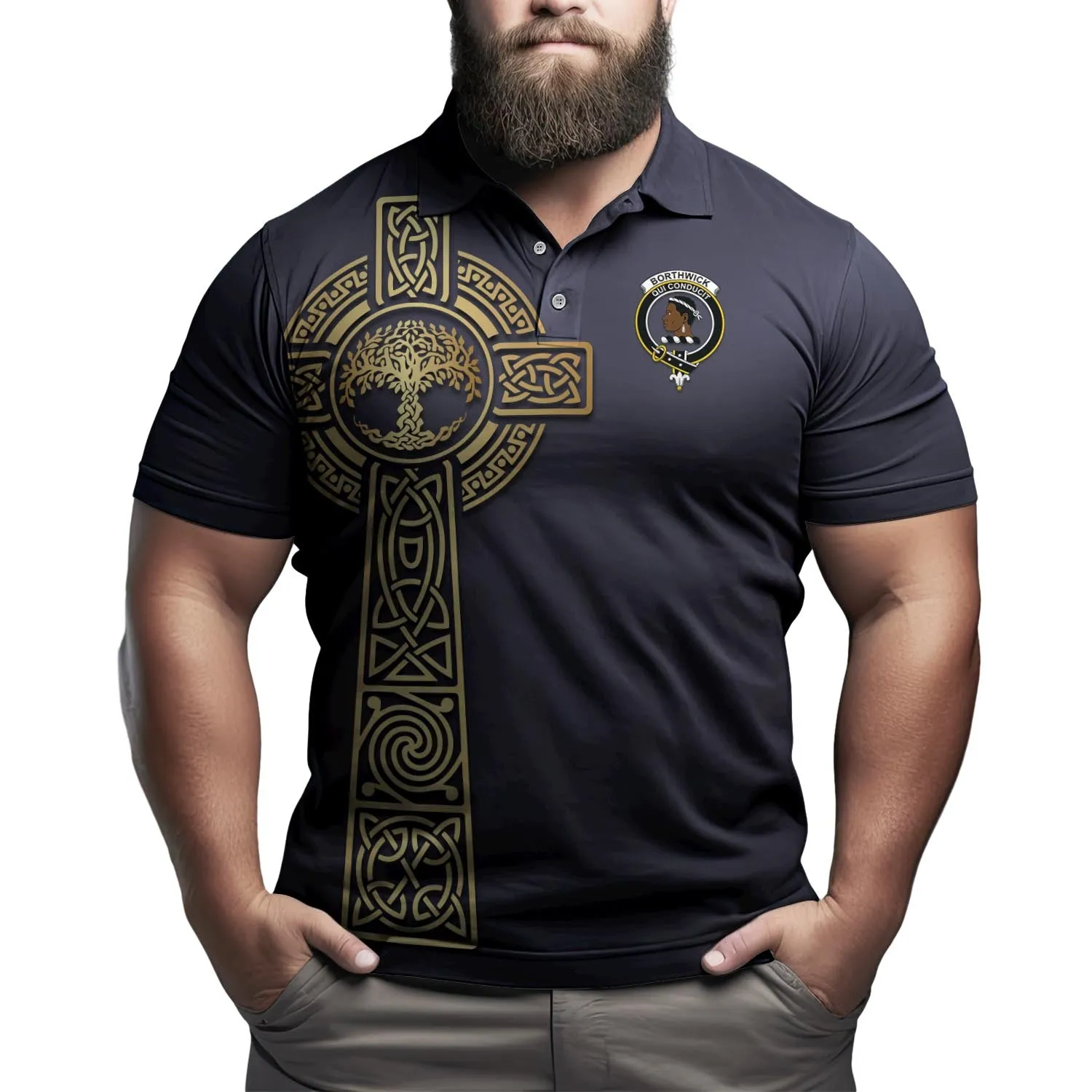 Borthwick Clan Polo Shirt with Golden Celtic Tree Of Life