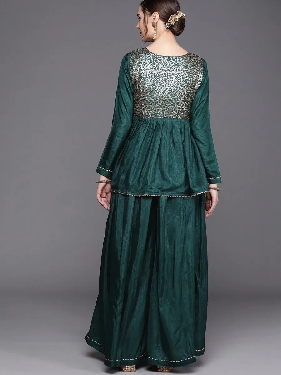 Bottle Green Sequinned Peplum Kurta with Sharara