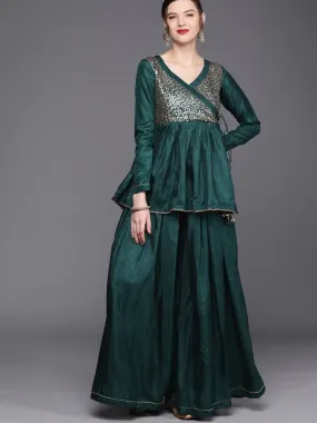 Bottle Green Sequinned Peplum Kurta with Sharara