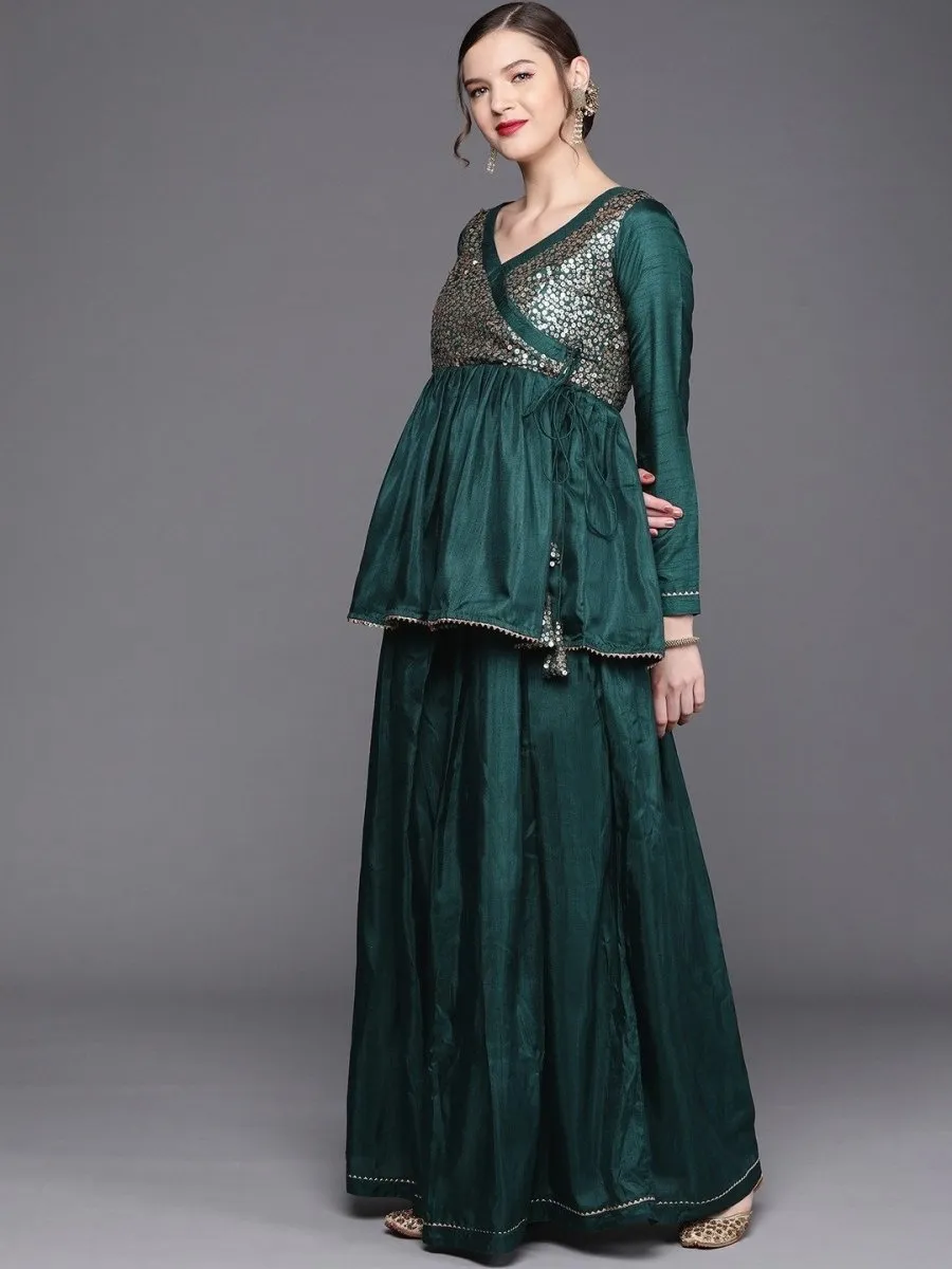 Bottle Green Sequinned Peplum Kurta with Sharara