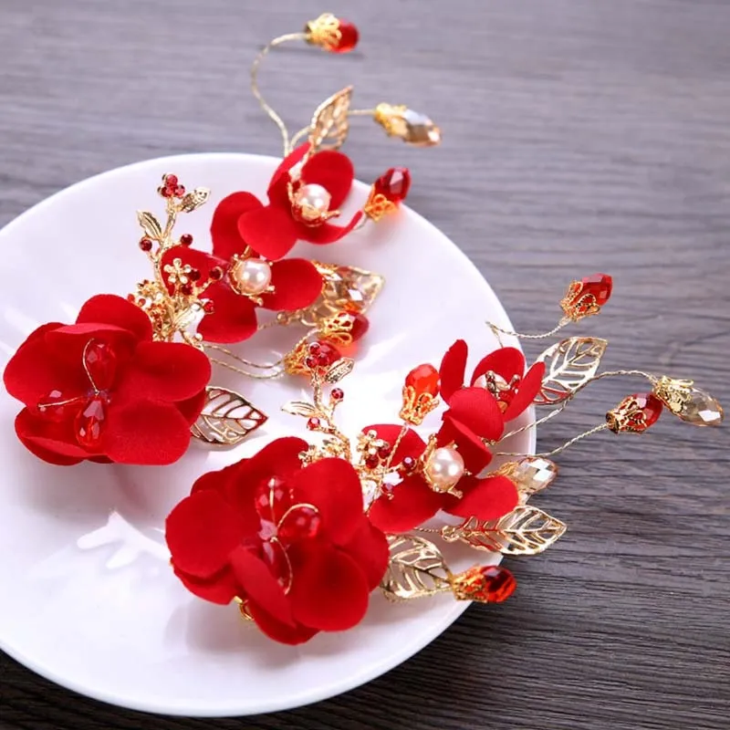 Bridal Red Flower Hair Accessories (1 PC) for Chinese Wedding